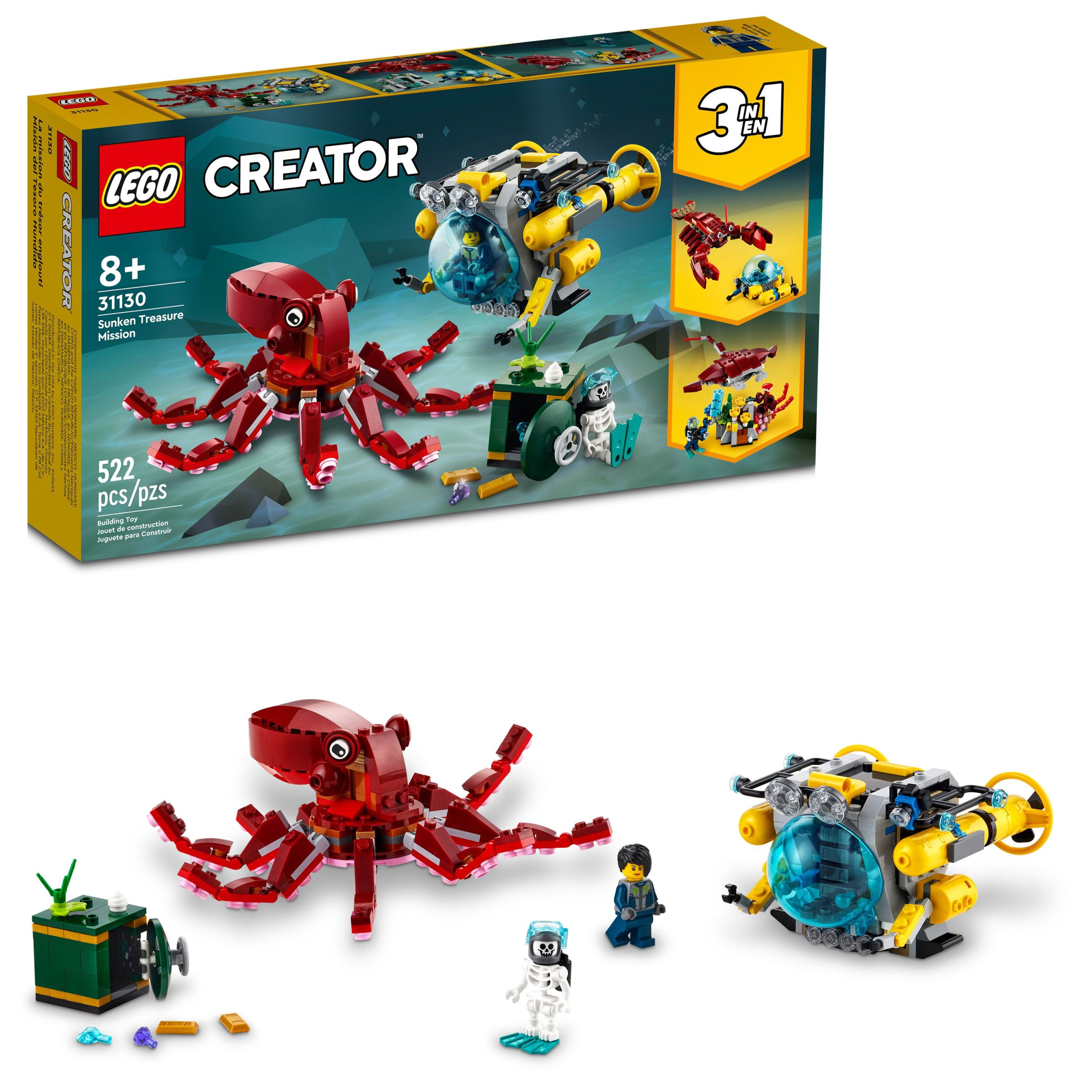 LEGO Creator 3in1 Sunken Treasure Mission 31130 Octopus, Lobster or Manta Ray Building Toys, Sea Animal Figures with Submarine, Underwater Creatures Set