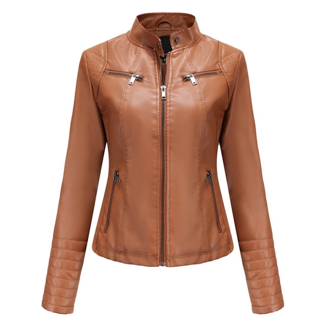 Drppepioner Manteau Veste de Moto Mince pour Femmes à Col Montant en Cuir Ajusté avec Fermeture Éclair
