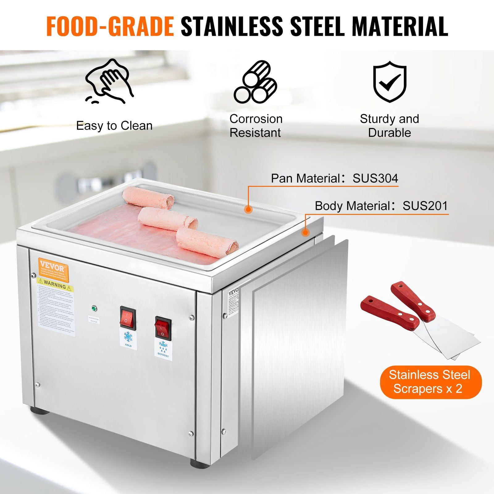 HCY Fried Ice Cream Roll Machine, 11" x 9.5" Stir-Fried Ice Cream Pan, Stainless Steel Rolled Ice Cream Maker with Compressor and 2 Scrapers, for Making Ice Cream, Frozen Yogurt, Ice Cream Rolls