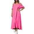 thumbnail image 2 of Uscallm Women Plus Size Off Shoulder Short Sleeve High Low Flowy Casual Maxi Dress Solid Boho Beach Vacation Swing Long Dresses, Hot Pink 3XL, 2 of 9