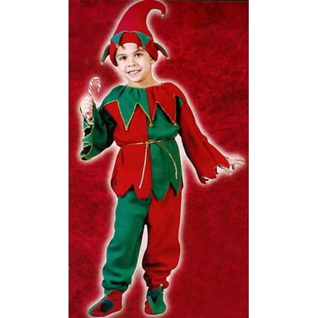Red and Green 6-Piece Children's Plush Christmas Elf Costume - Size Medium (8-10)