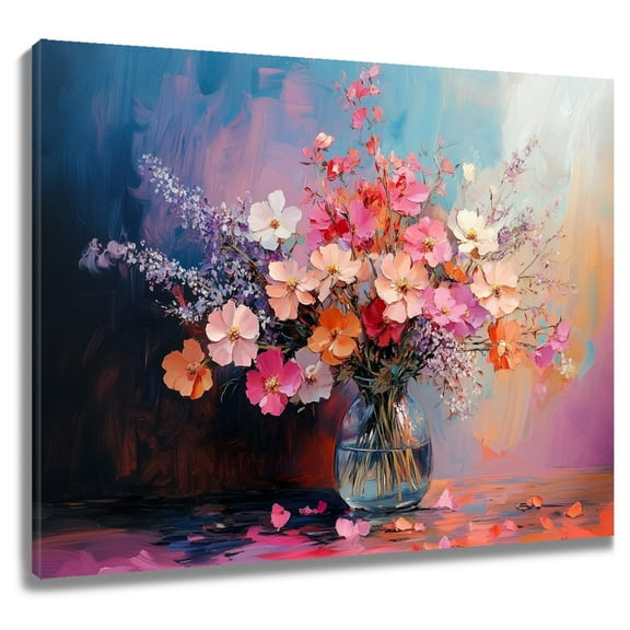 Retro Wildflower Canvas Wall Art Blue Purple Red Flowers Blooming in Vase Prints Posters Living Room Decor Rustic Nature Oil Painting Wall Art Home Art Bedroom Bathroom Office Wall Decor,10x8 Inches