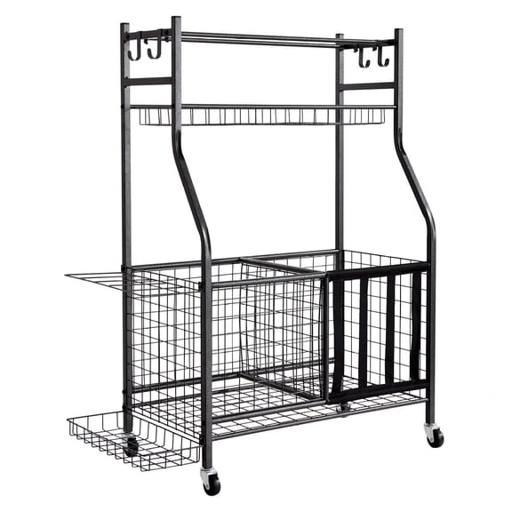 Sports Equipment Garage Organizer, Rolling Ball Storage Cart on Wheels, Basketball Rack with Baskets & , Indoor/Outdoor Sports Gear and Toys Storage, Steel Sports Equipment Organizer, Black