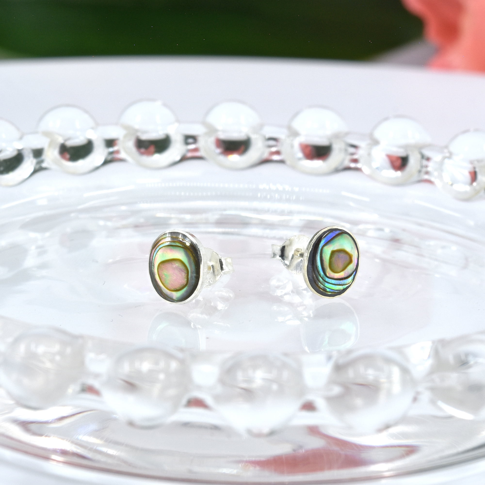 Cute Inlay Abalone Shell Oval .925 Sterling Silver Push Back Stud Earrings