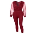 thumbnail image 3 of Combinaison Élégante pour Femmes Scintillant Mesh Transparent Manches Longues V-Cou Pantalon Bodycon Romper Vin Rouge L, 3 of 9