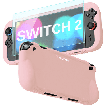Protective Silicone Case Compatible with Nintendo Switch 2, Shockproof Cover for Nintendo Switch 2 with Tempered Glass Screen Protector,Ergonomic Grip Case for Switch 2,2 Game Card Slots (Pink)
