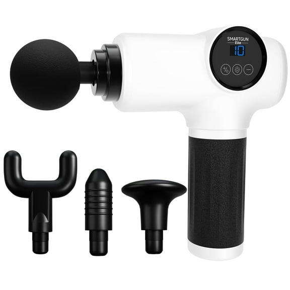 Spa Sciences SMARTGUN Elite Massage Gun, Pro Therapeutic with 4 Heads and Carrying Case, 10 Speed, Rechargable, White
