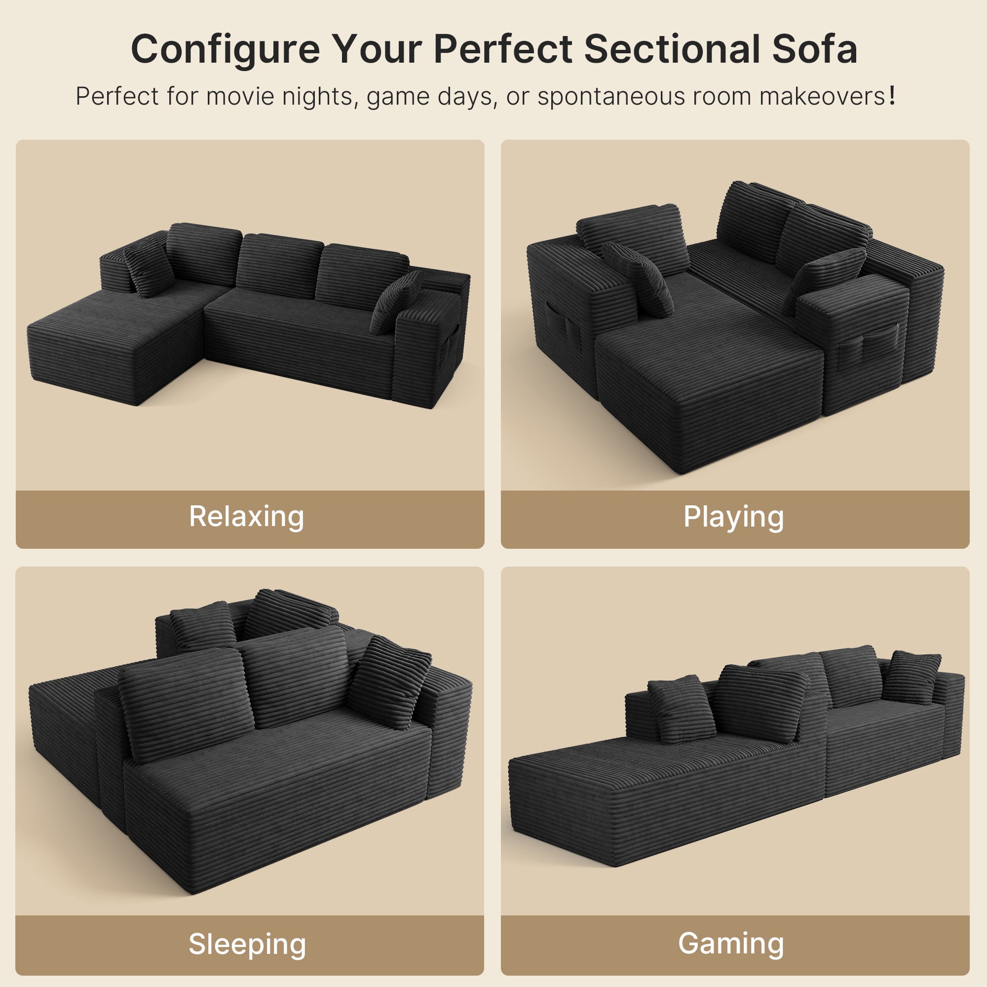 Lofka 105" L-Shaped Sectional  Sofa, 4-in-1 Modular Sofa Bed with Deep Seat, No Assembly Velvet for Living Room Office, Black