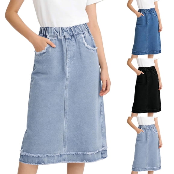 SROBPTY Little Girls Skirts Solid A Line Denim Midi for 4-15 Years
