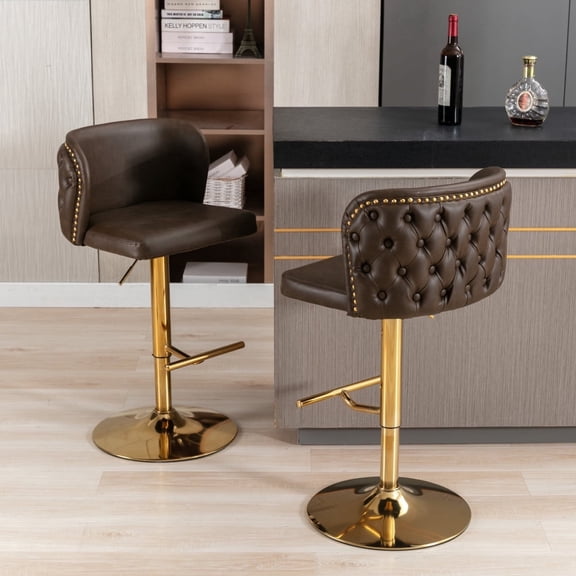 Zateety 2Pcs Swivel Bar Stools, Tufted PU Upholstered Bar Chairs, Gold Base Height Adjustable Counter Stools for Kitchen Island Home Pub- Brown