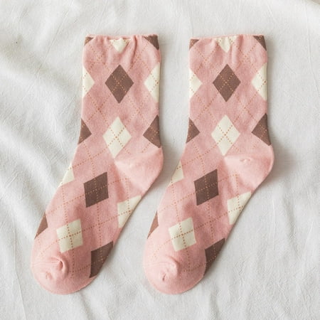 

AIEOTT Women Fashion Argyle Pattern Print England Style Cotton Middle Tube Socks