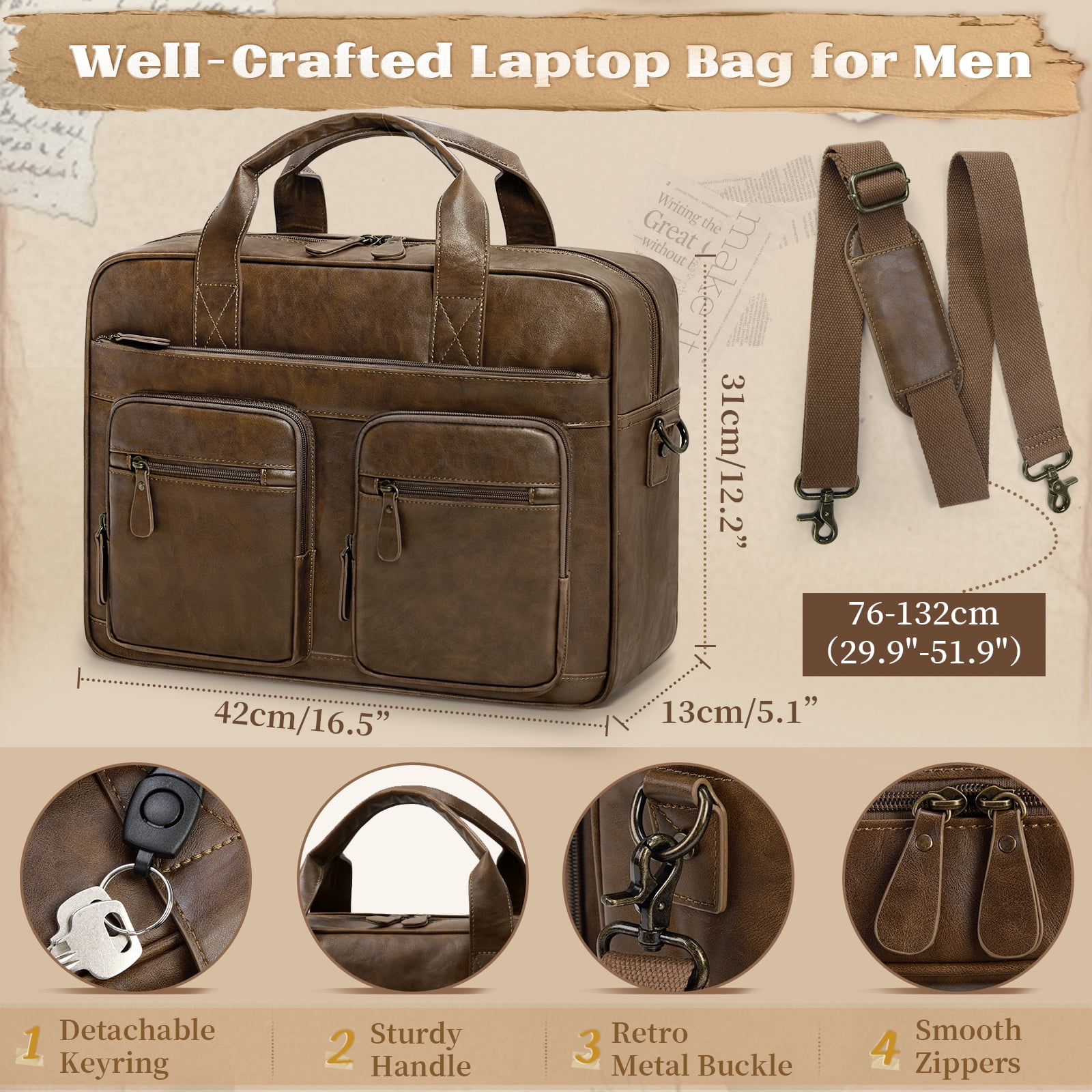 RAINSMORE 15.6 Inch Messenger Bag for Men Vintage PU Leather Laptop Bag Waterproof Computer Briefcases for Men Retro Mens Briefcase Satchel Bag for Work Office Business Travel,Brown