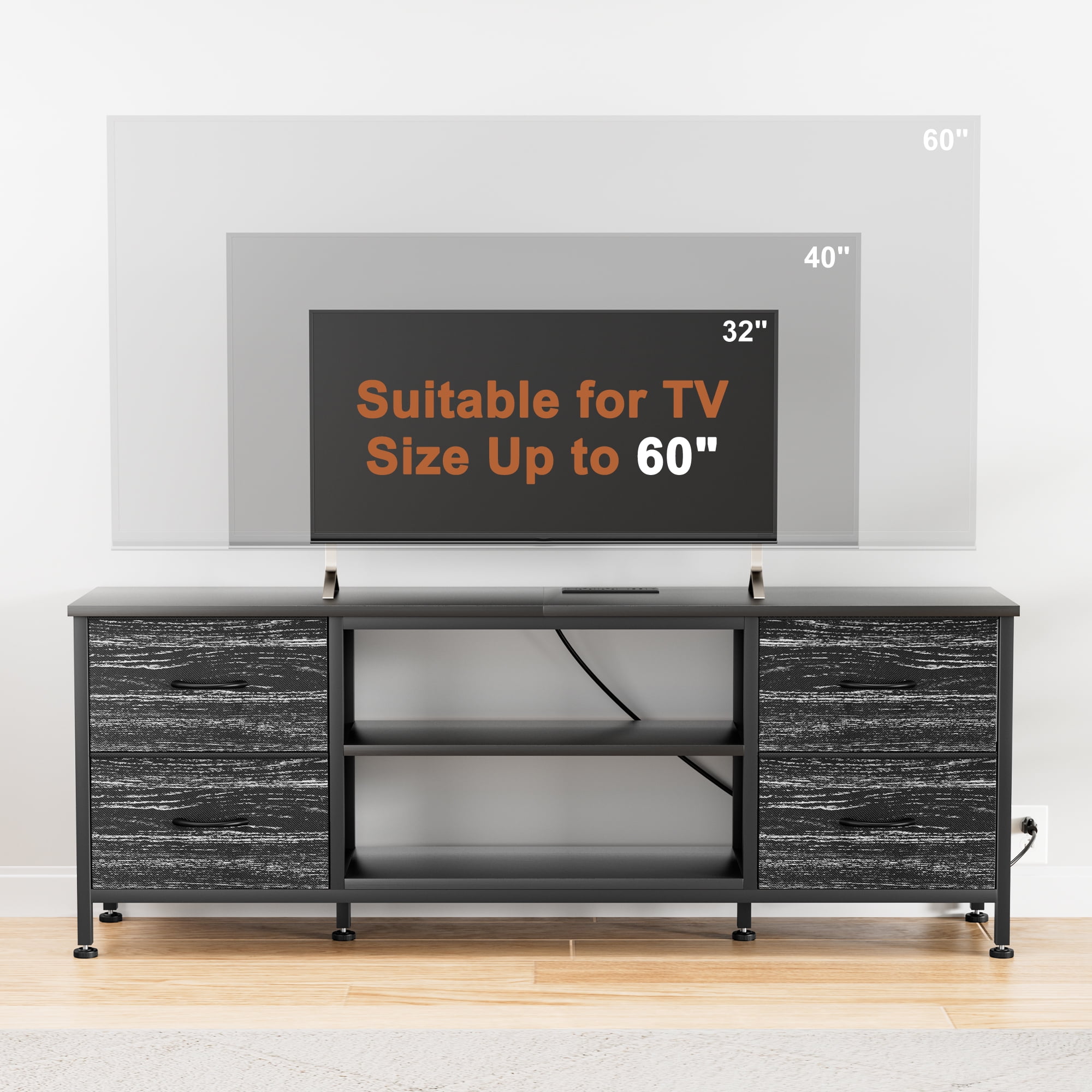 TV Stand for Bedroom, Television Stand for TV up to 60 Inch Entertainment Center Dresser with 4 Drawers Open Storage Shelves for Living Room, Entryway