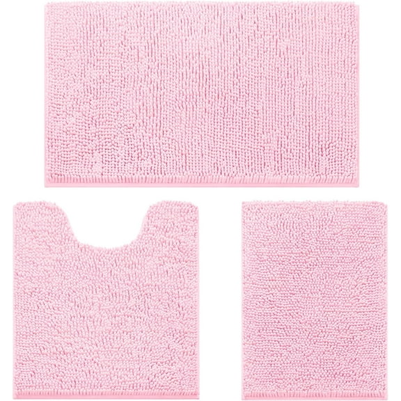 LKIFFA-3 Pieces Bathroom Rugs, Ultra Soft Non Slip Absorbent Chenille Toilet Bath Mat Set (Light Pink)