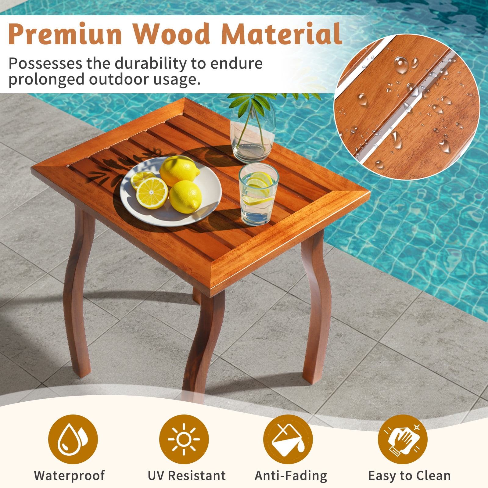 Ktaxon 20in Wood Side Table, Patio Coffee End Table with Curved Leg, for Indoor Outdoor Balcony Lawn Pool, Natural