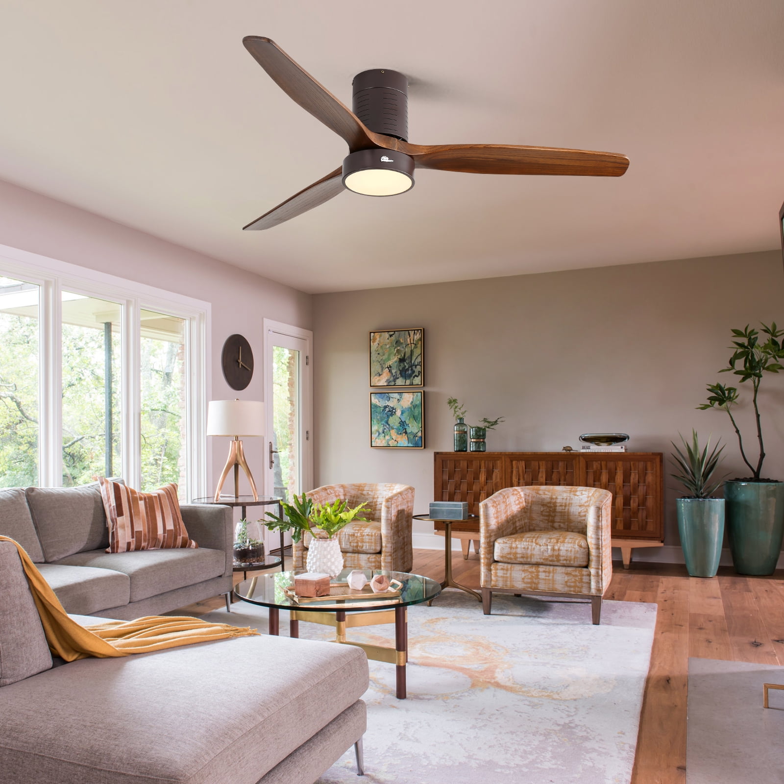 Sofucor 52" Flush Mount Bronze Modern Ceiling Fan with Integrated LED Light