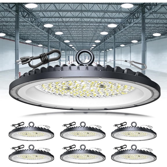 6 Pack 300W Shop Lights, 45000LM UFO LED High Bay Light 6000K Garage Lights IP65 Waterproof Commercial Bay Lighting for Warehouse, Gym, Factory