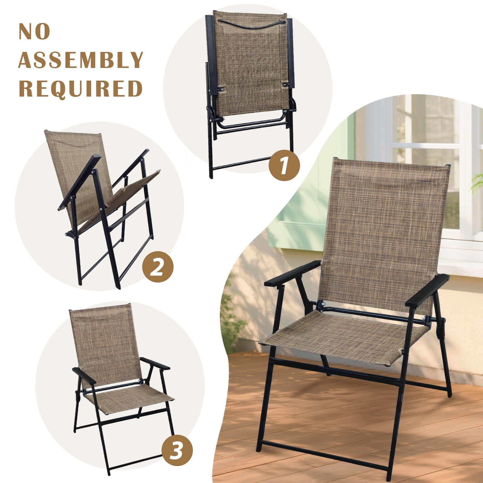 Set of 2 Outdoor Folding Chairs, Portable Patio Dining Chairs with Armrests & High Back, Sturdy Steel Frame for Garden, Lawn, Poolside, Camping (Brown)