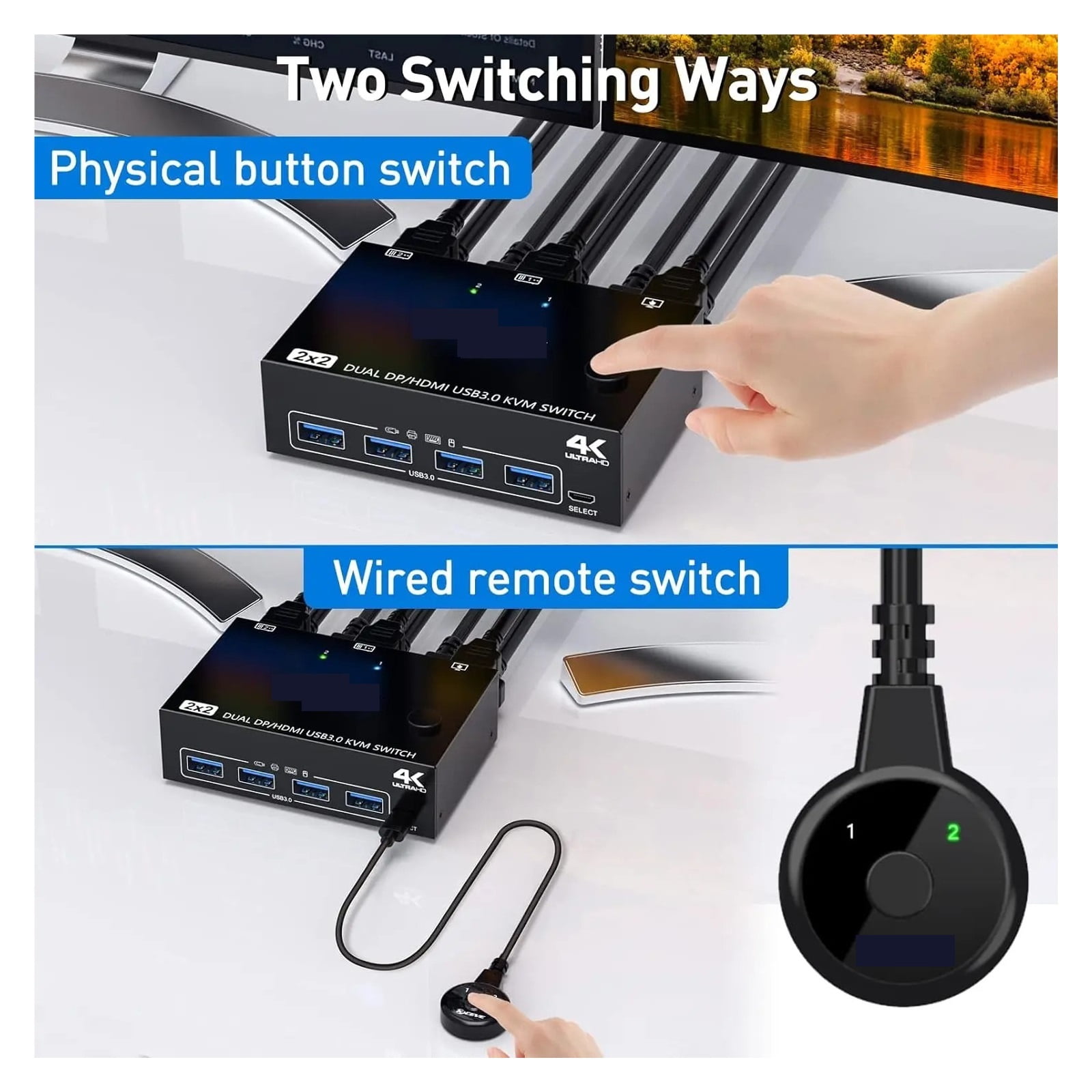 KCEVE DP USB 3.0 Dual Monitors Displayport KVM Switch,Supports For 2 Computers Share Keyboard Mouse And Monitor