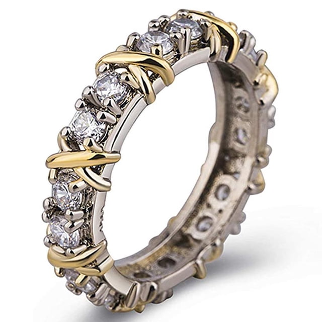 Anillo De Banda Exquisito Anillo X De Dos Colores Anillo Cruzado De Diamante Completo Anillo De Banda De Platino Anillo De Promesa Para Mujer Chica Cateissary AP006377-01
