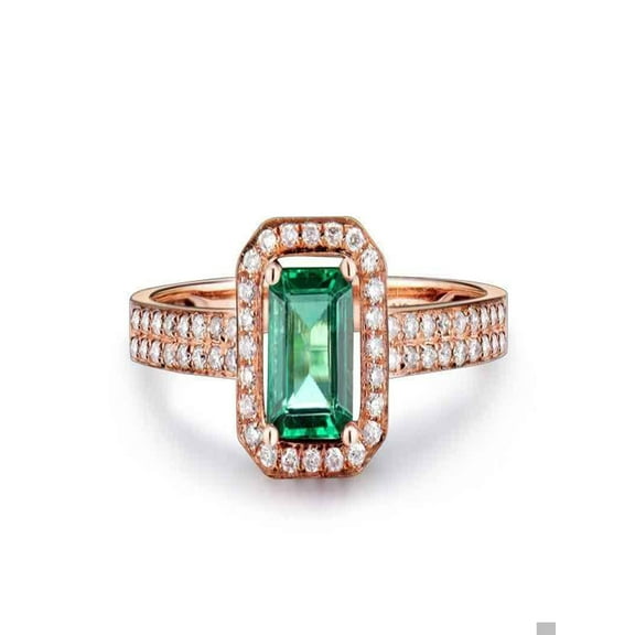 Bestselling 1.50 Carat Emerald and Diamond Halo Engagement Ring in 14k Rose Gold affordable emerald and diamond engagement ring
