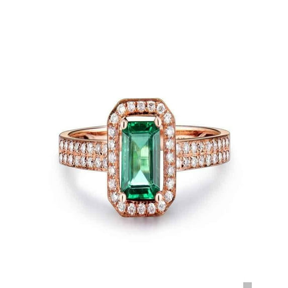 Bestselling 1.50 Carat Emerald and Diamond Halo Engagement Ring in 14k Rose Gold affordable emerald and diamond engagement ring