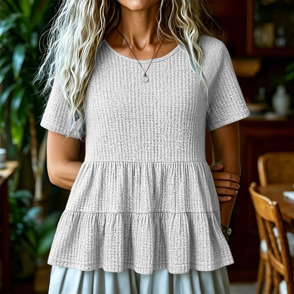 Uootdi Tiered Ruffle Tops for Women Short Sleeve Round Neck Tees Summer Style Soft Breathable Relaxed Fit Blouses Gift