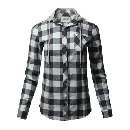 FashionOutfit Women's Causal Flannel Long Sleeve Button-Down Mandarin Collar Hoodie