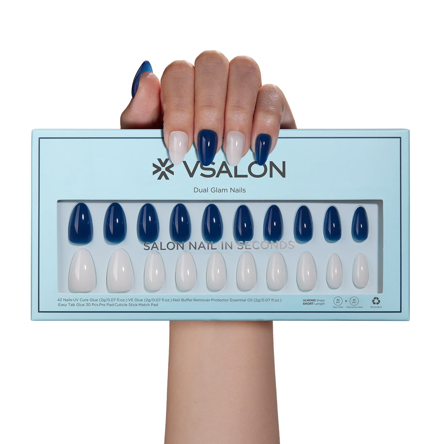 VSALON Press On Nails Short Almond - 42 PCS Navy Blue Cream and White Semi-Transparent Fake Nails for Women，32 Main Nails in 16 Sizes & 10 Alternative Nails - Lamp Curable Glue on Nail with Tool Kit