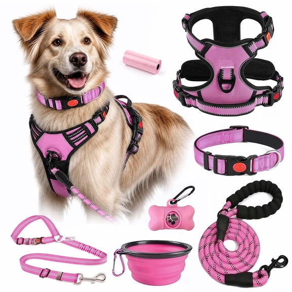 No Pull Dog Harness for Large Dogs with Leash, Collar, Dog Seat Belt, Collapsible Bowl, Dog Waste Bags & Dispenser