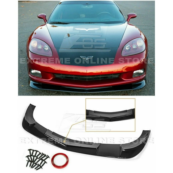 Extreme Online Store Replacement for 2005-2013 Chevrolet Corvette C6 Base Models | ZR1 Extended Style Carbon Fiber Front Bumper Lower Lip Splitter (ABS Plastic - Painted Glossy Black)