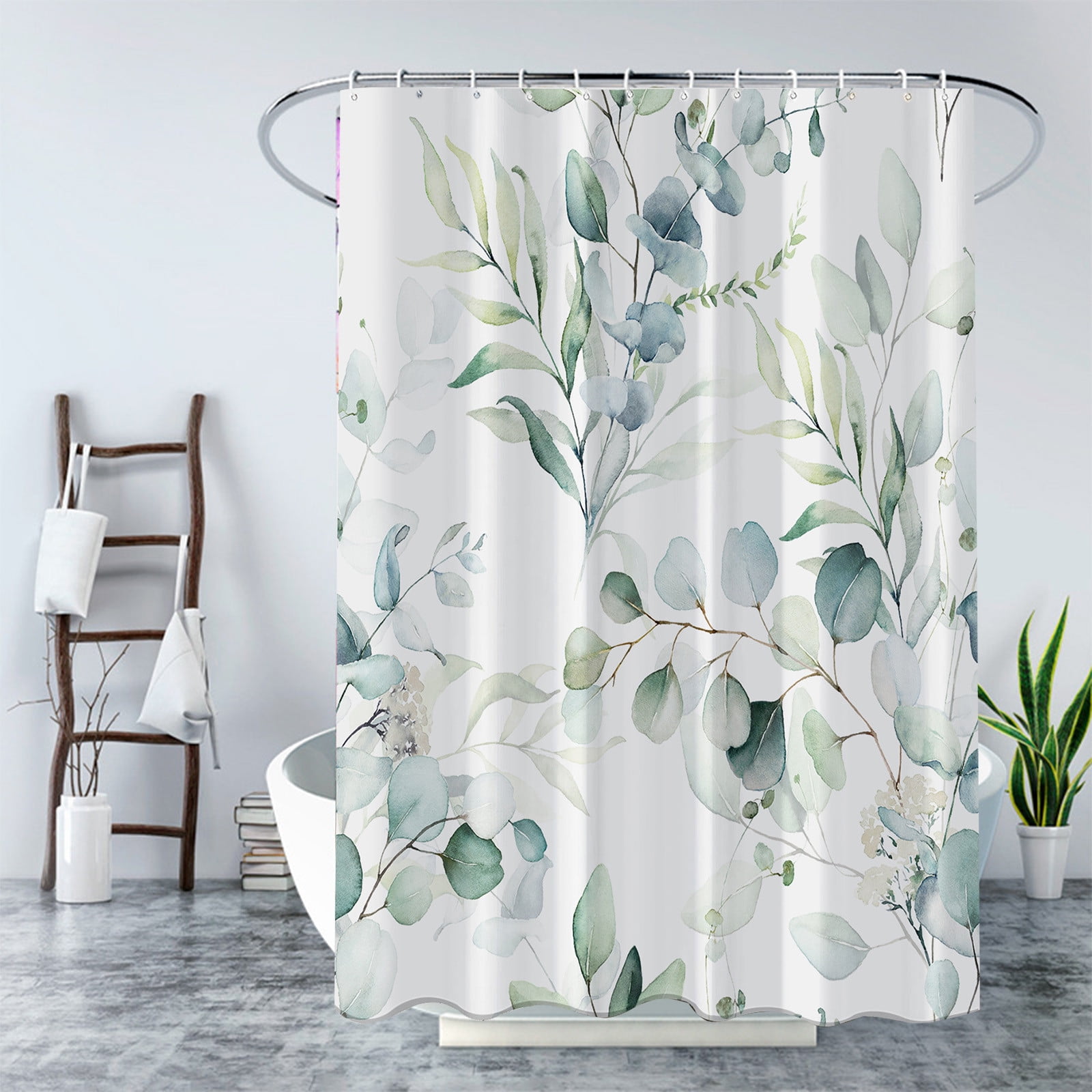 Rideau De Douche En Tissu Polyester Vert émeraude - Motif Feuilles D'eucalyptus - 135x220 Cm (LxH) Avec 12 Crochets - Imperméable, Anti-moisissure, Lavable - 11