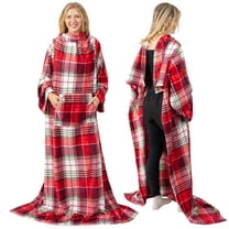 PAVILIA Red Green Plaid Fleece Wearable Blanket with Sleeves for Adults Women Men, Soft Warm Full Body Wrap Throw, Sweatshirt Pocket, Cozy Pullover Robe Blanket with Arm, Gifts for Christmas Mom Wife