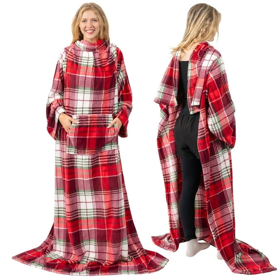 PAVILIA Red Green Plaid Fleece Wearable Blanket with Sleeves for Adults Women Men, Soft Warm Full Body Wrap Throw, Sweatshirt Pocket, Cozy Pullover Robe Blanket with Arm, Gifts for Christmas Mom Wife