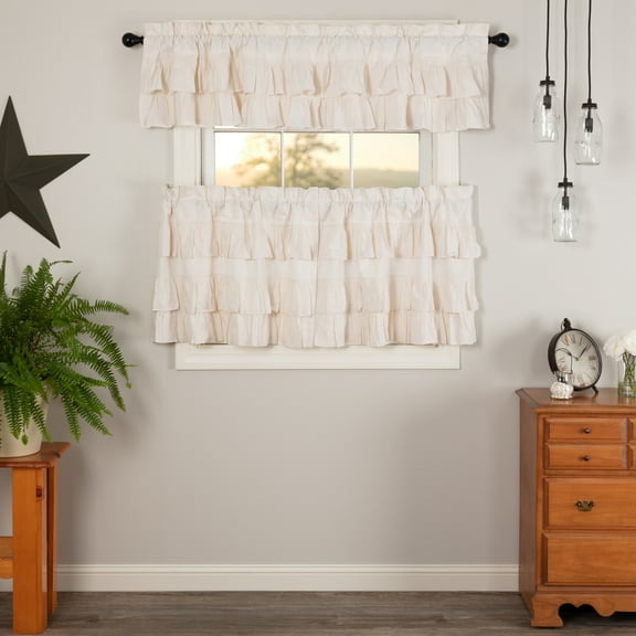 VHC Brands Simple Life Flax Antique White 3 PC Ruffled Curtain Set (1 Valance 16x72 and 2 Tier 24x36)