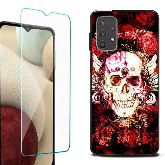 Slim-Fit Flexible TPU Gel Phone Case (black) for Samsung Galaxy A32 5G, with Tempered Glass Screen Protector, by OneToughShield ® - Rose Skull