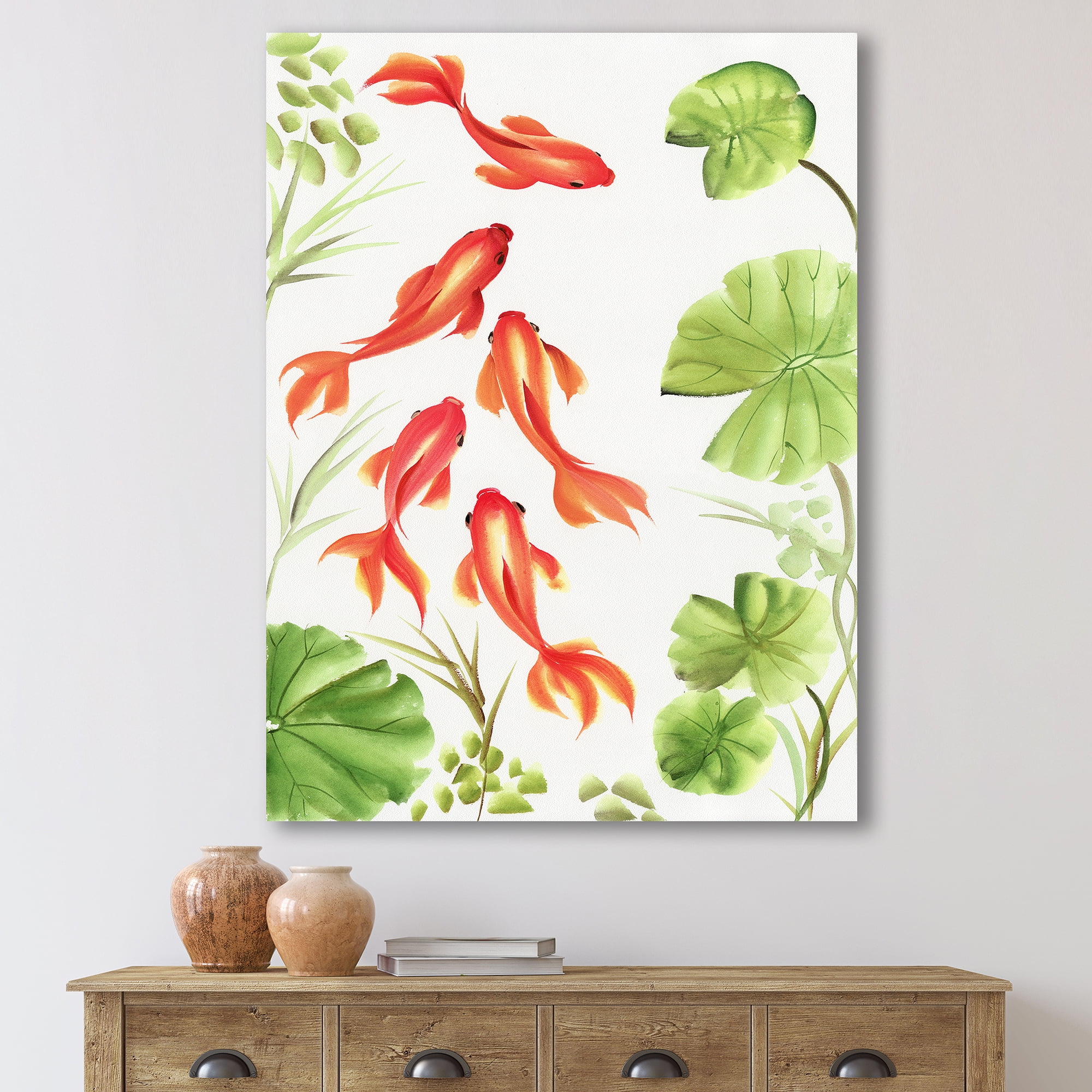 Designart ' Ancient Goldfishes Among The Lotus Leaves ' Nautical & Coastal Canvas Wall Art Print
