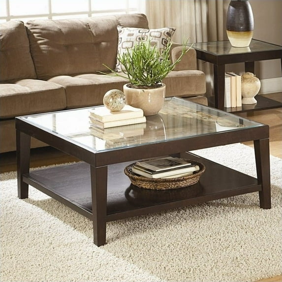 Saltoro Sherpi Contemporary Square Cocktail Table With Glass Top And Bottom Shelf, Espresso Brown