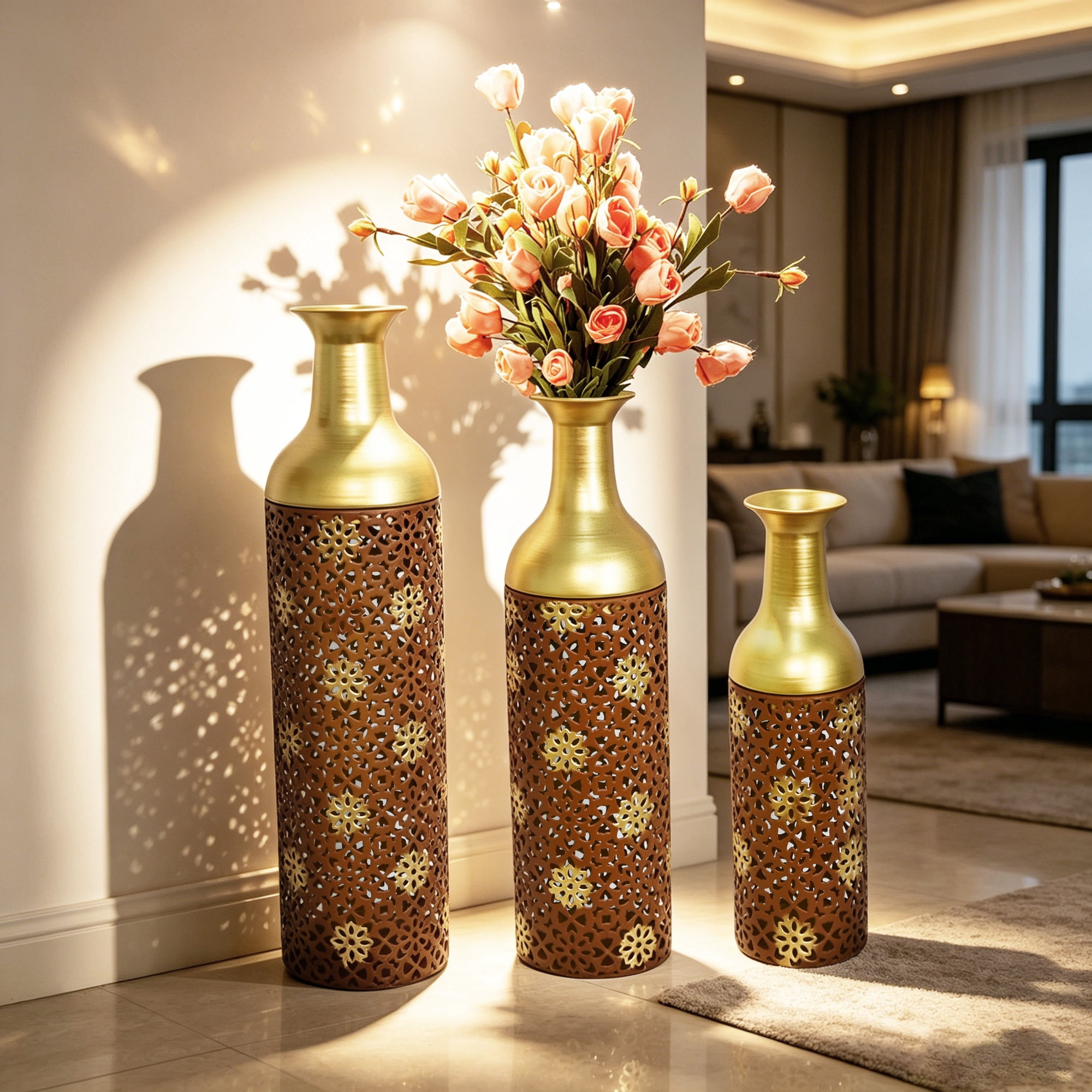 Leumius Decorative Metal Vases Set of 3, Rustic Brown Leaf Pattern Floor Vases, Rustic Brown All Vases for Home Decor, Living Room Entryway Decor