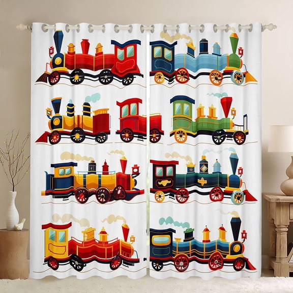 Manfei Classic Train Kitchen Curtains,Cartoon Toy Print Black Out Curtains Pack of 2 (42x63 Each),White