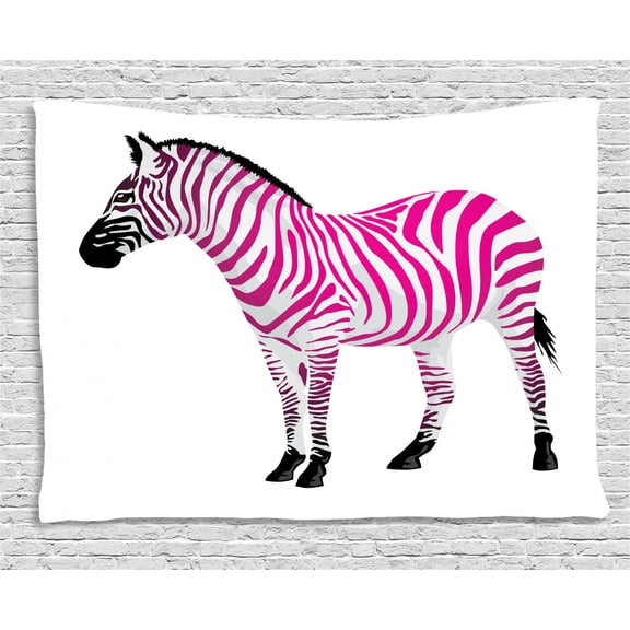 Pink Zebra Tapestry, Zebra Figure in Pink Stripes Savannah Animal Wilderness Symbol Safari Print, Wall Hanging for Bedroom Living Room Dorm Decor, 80W X 60L Inches, Dust Black, by Ambesonne