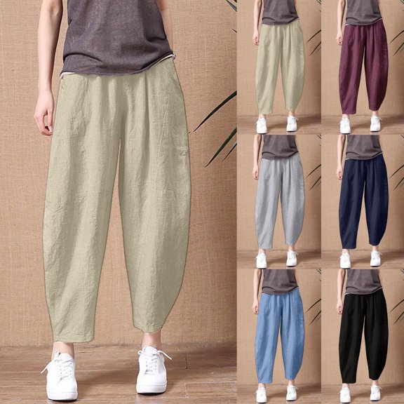KDFJPTH Women's Solid Lantern Pants Elastic Waist Casual Harem Trousers Black L/2