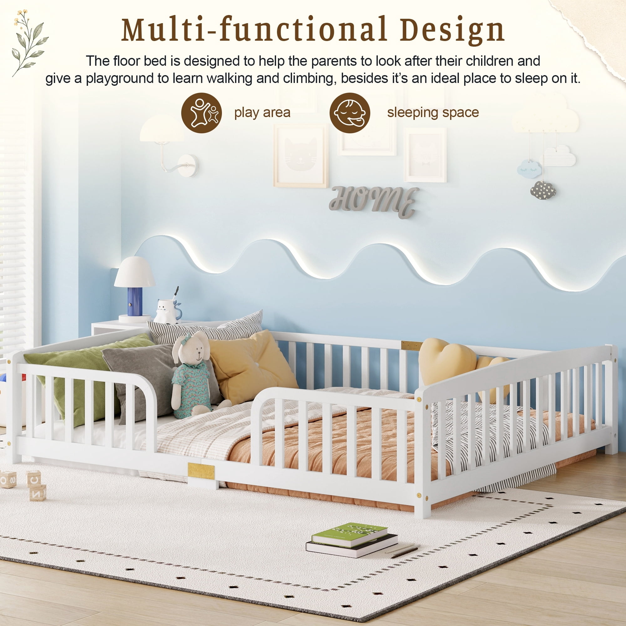 Leumius Queen Size Floor Fence Bed with Central Entrance,Pine Wood Floor bed with Guardrails,White