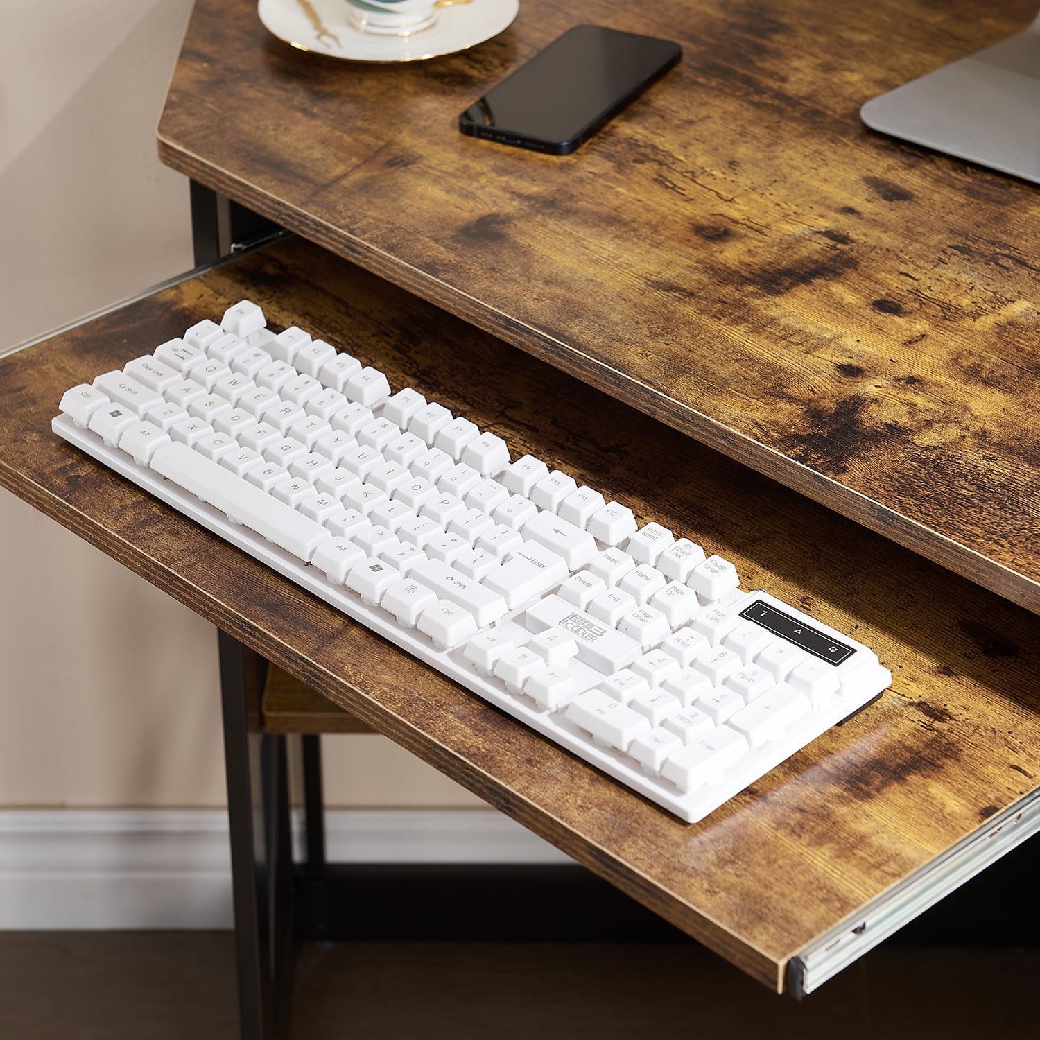 VECELO Desk with Keyboard Corner Computer Writing Shelves, Compact Home Office, Antique Brown