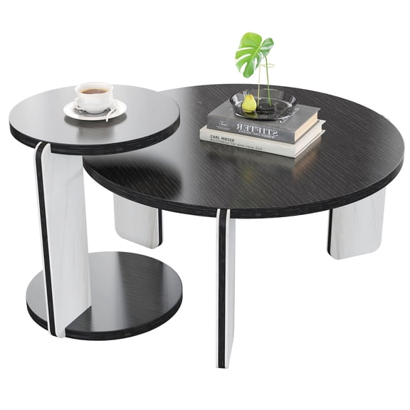 S-HOME Multi-Purpose Round Coffee Table and End Table Set with Sintered Stone Legs 32.68" & 16.93" Diameter for Home for Living Room, Black