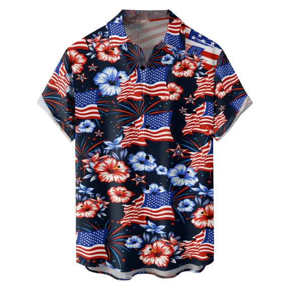 Men's 4th of July Short Sleeve Button Down Shirt Stars and Stripes Patriotic Print Regular Fit Beach Casual Blue L