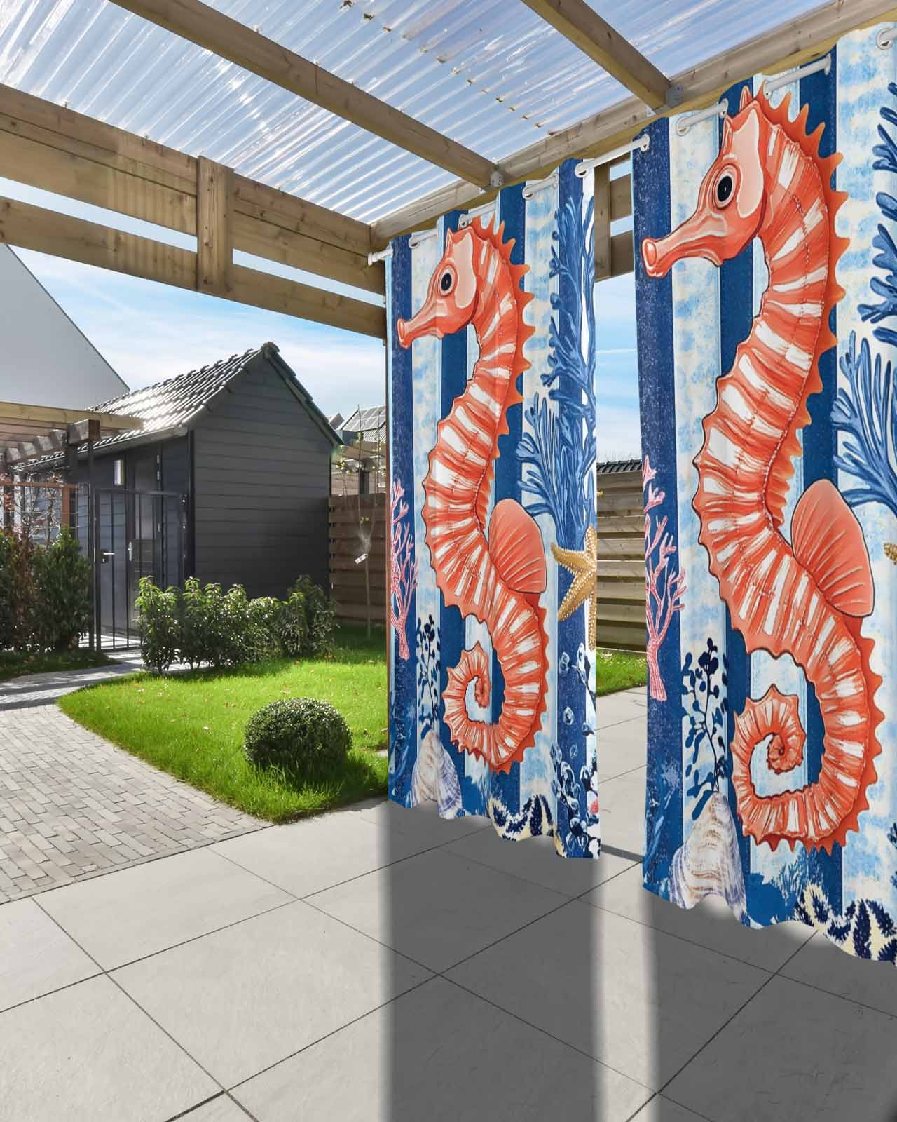 Orange Red Seahorse Outdoor Curtains for Patio, Coastal Ocean Coral Striped Privacy Drapes Grommet Waterproof Outside Curtains for Porch/Cabana/Balcony 54"x 108", 1 Panel
