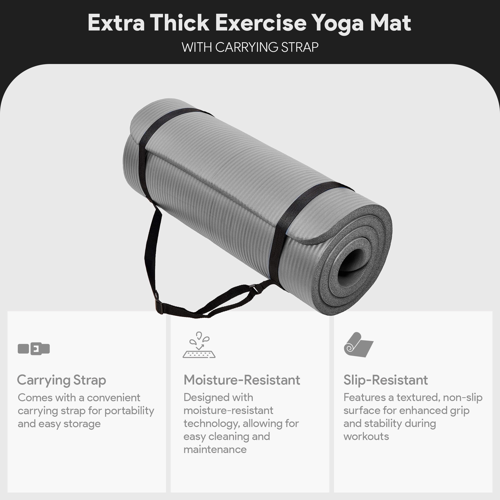 BalanceFrom All-Purpose 1-Inch Extra Thick High Density Anti-Tear Exercise Yoga Mat with Carrying Strap, Gray