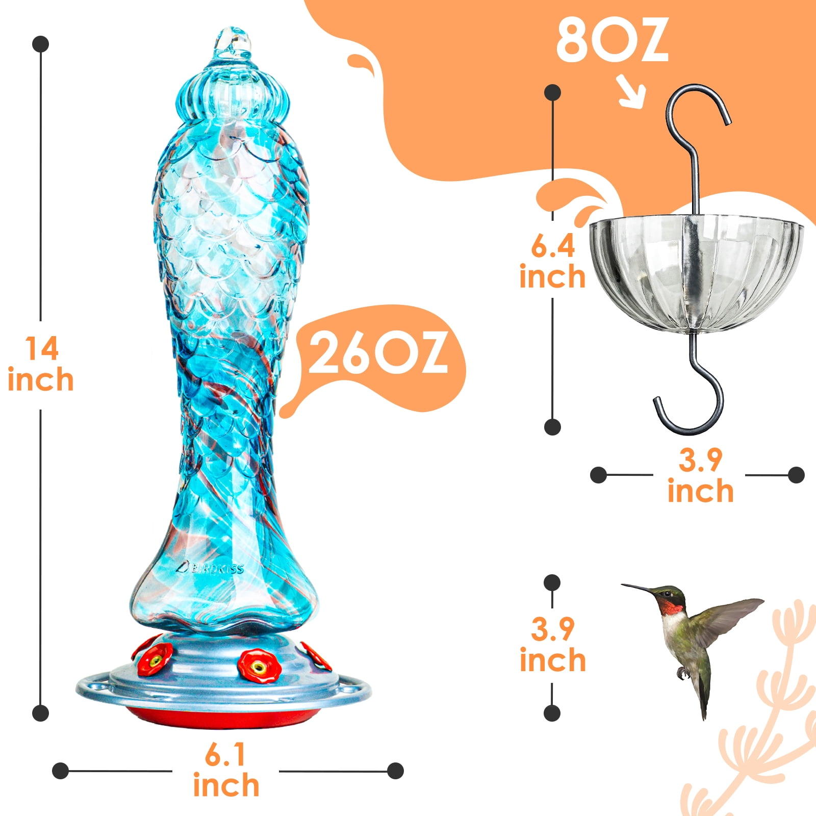Birdkiss 28 oz Hand Blown Glass Hummingbird Feeders with Ant Moat Hook, Garden Backyard Patio Decor