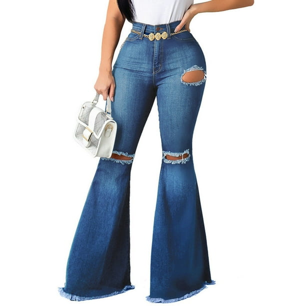 Serena Modsætte sig tetraeder Zdcdcd Women's High Waist Holes Wide Leg Solid Color Skinny Denim Pants  Jeans - Walmart.com